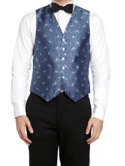 Favourbrook Navy Peacock Silk Single Breasted 6 Button Waistcoat- Waistcoats | Evening Waistcoats