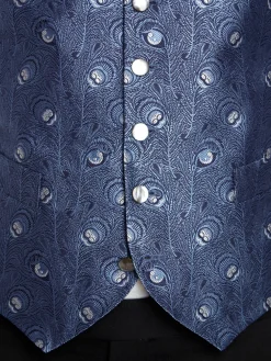 Favourbrook Navy Peacock Silk Single Breasted 6 Button Waistcoat- Waistcoats | Evening Waistcoats