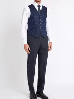 Favourbrook Navy Sweet Pea Linen Single Breasted 6 Button Waistcoat- Waistcoats | Single Breasted Waistcoats