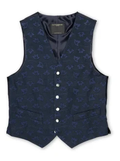 Favourbrook Navy Sweet Pea Linen Single Breasted 6 Button Waistcoat- Waistcoats | Single Breasted Waistcoats