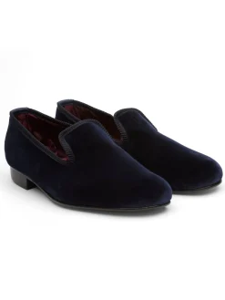 Favourbrook Navy Velvet Cotton & Leather Slippers- Slippers