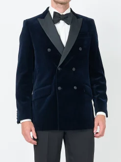 Favourbrook Navy Velvet Cotton Double Breasted Dinner Jacket- Occasionwear | Velvet Jackets