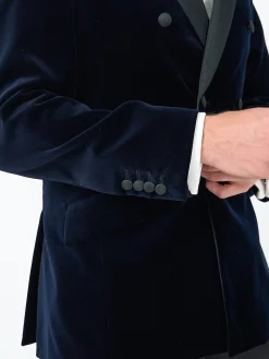 Favourbrook Navy Velvet Cotton Double Breasted Dinner Jacket- Occasionwear | Velvet Jackets