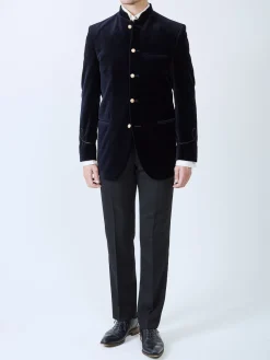 Favourbrook Navy Velvet Nehru Jacket with Frogging on Sleeve- Nehru Jackets | Velvet Jackets