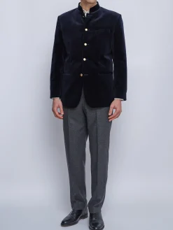 Favourbrook Navy Velvet Nehru Jacket Button Cuff- Velvet Jackets | Nehru Jackets