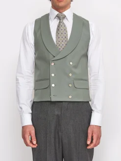Favourbrook Olive Gabardine Wool Double Breasted 8 Button Shawl Lapel Waistcoat- Groomswear | Waistcoats