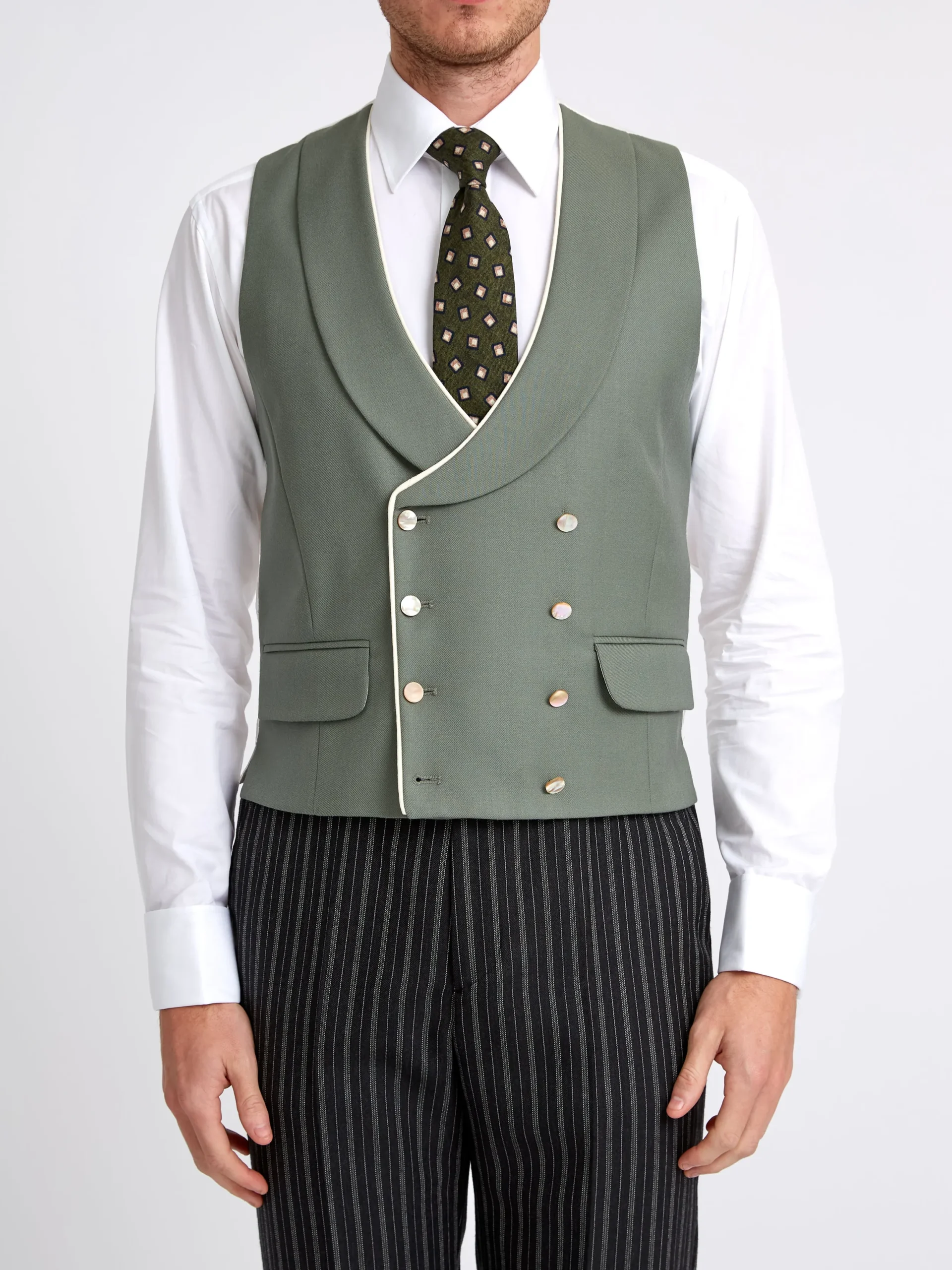 Favourbrook Olive Gabardine Wool Double Breasted 8 Button Shawl Lapel Piped Waistcoat- Waistcoats | Shawl Lapel Waistcoats