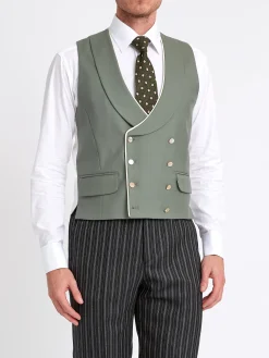 Favourbrook Olive Gabardine Wool Double Breasted 8 Button Shawl Lapel Piped Waistcoat- Waistcoats | Shawl Lapel Waistcoats