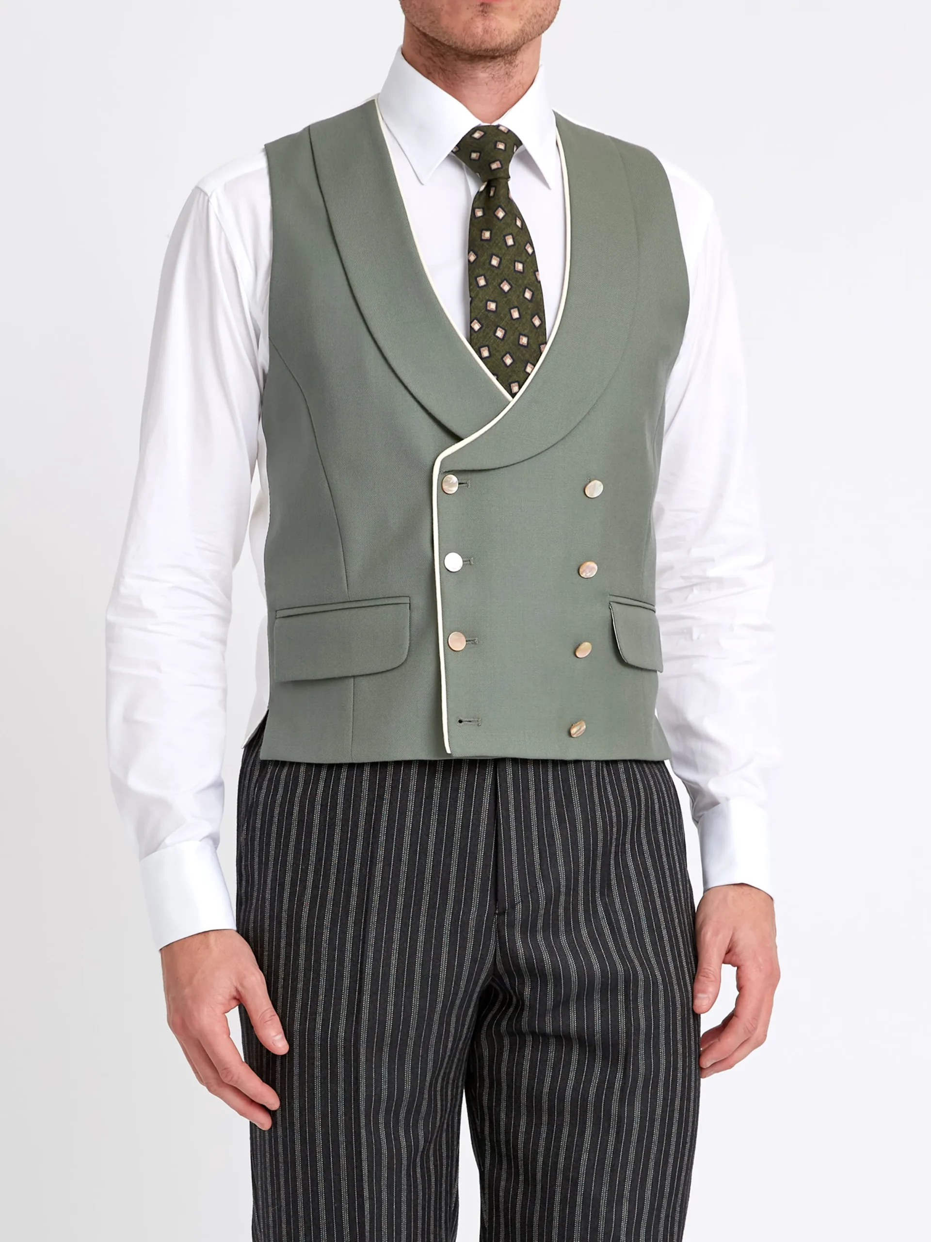 Favourbrook Olive Gabardine Wool Double Breasted 8 Button Shawl Lapel Piped Waistcoat- Waistcoats | Shawl Lapel Waistcoats