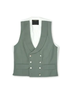 Favourbrook Olive Gabardine Wool Double Breasted 8 Button Shawl Lapel Waistcoat- Groomswear | Waistcoats