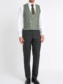 Favourbrook Olive Gabardine Wool Double Breasted 8 Button Shawl Lapel Piped Waistcoat- Waistcoats | Shawl Lapel Waistcoats