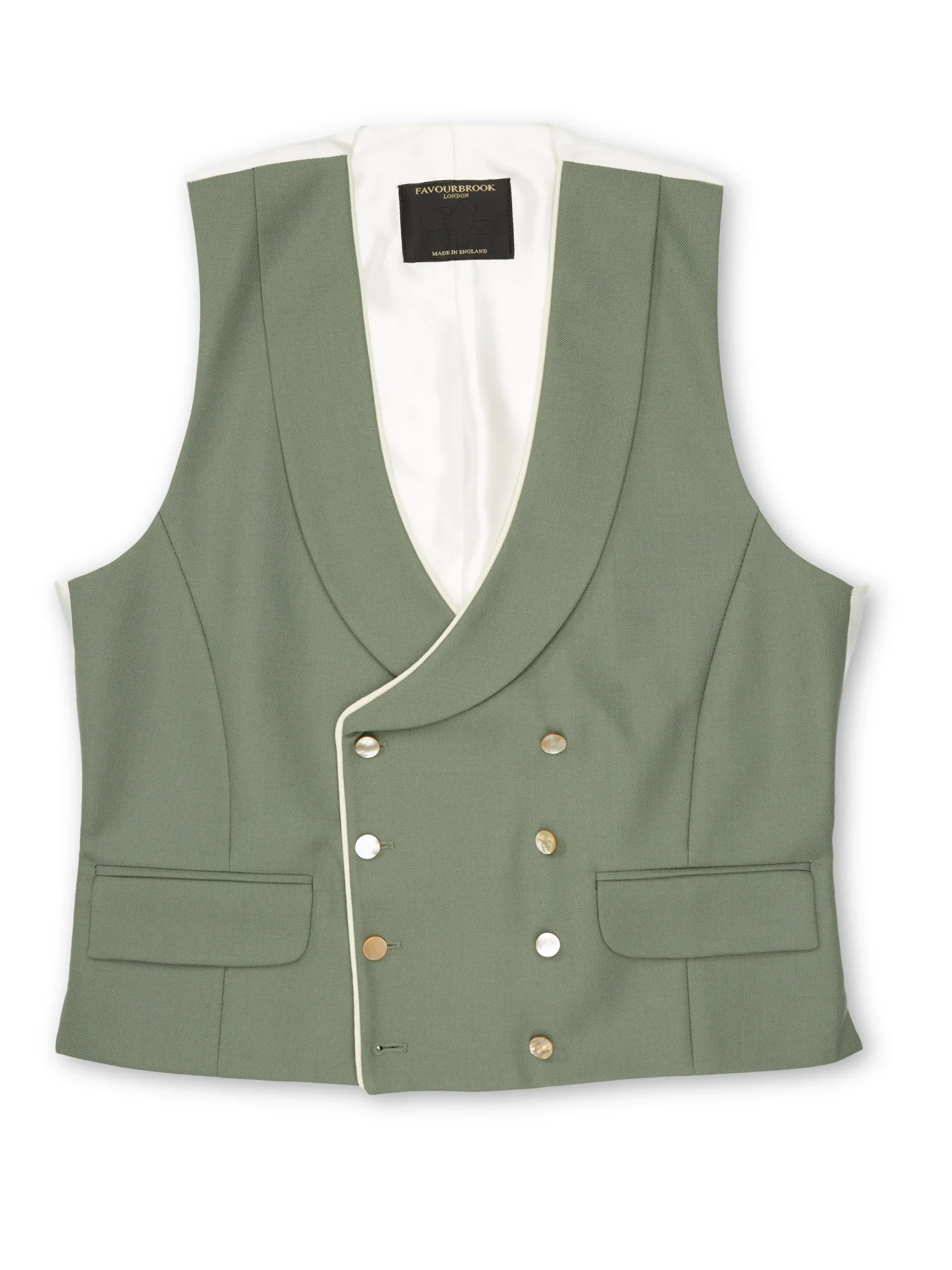 Favourbrook Olive Gabardine Wool Double Breasted 8 Button Shawl Lapel Piped Waistcoat- Waistcoats | Shawl Lapel Waistcoats