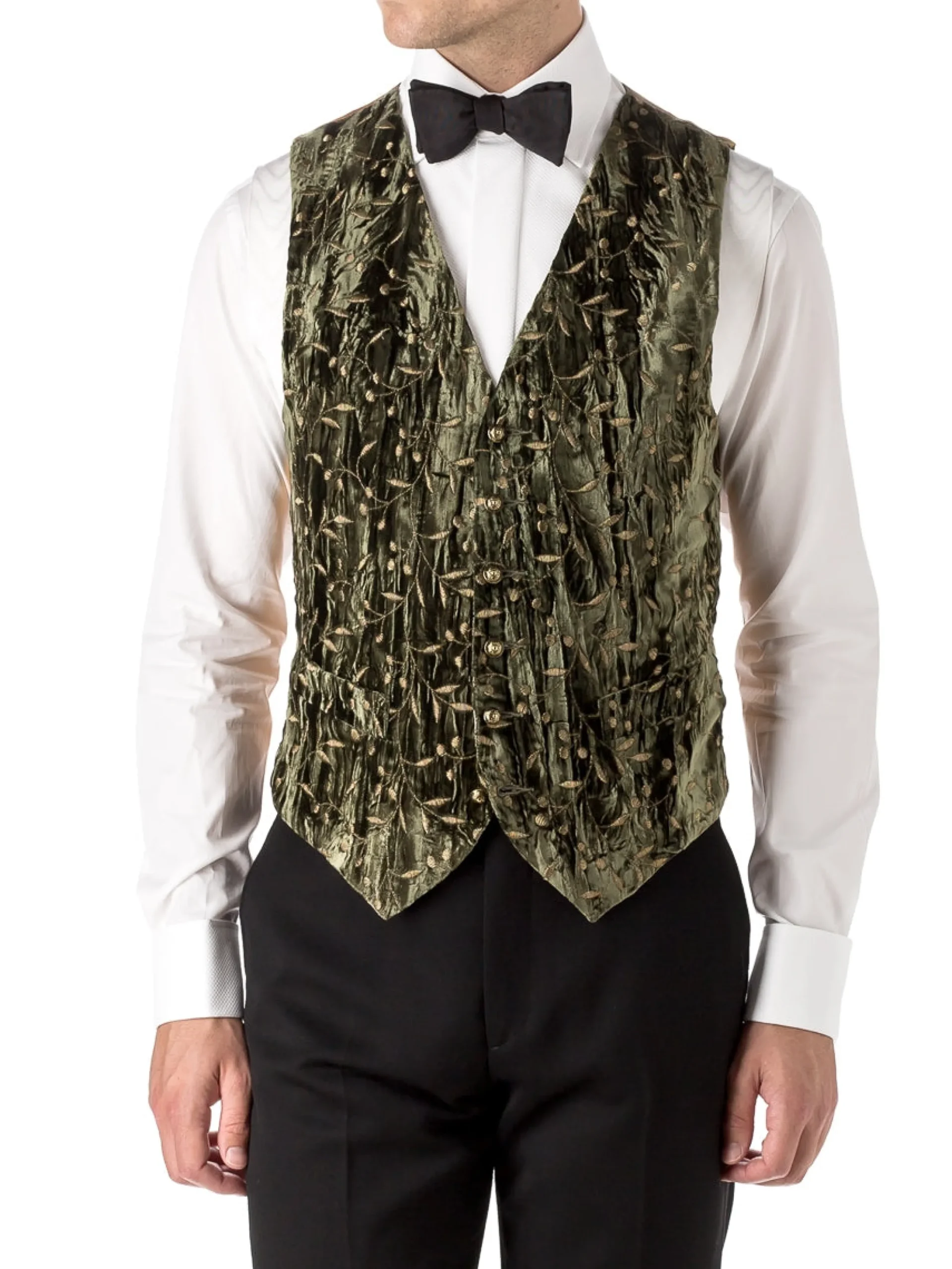 Favourbrook Olive Lurex Berries Velvet Single Breasted 6 Button Waistcoat- Waistcoats | Evening Waistcoats