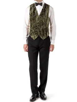 Favourbrook Olive Lurex Berries Velvet Single Breasted 6 Button Waistcoat- Waistcoats | Evening Waistcoats