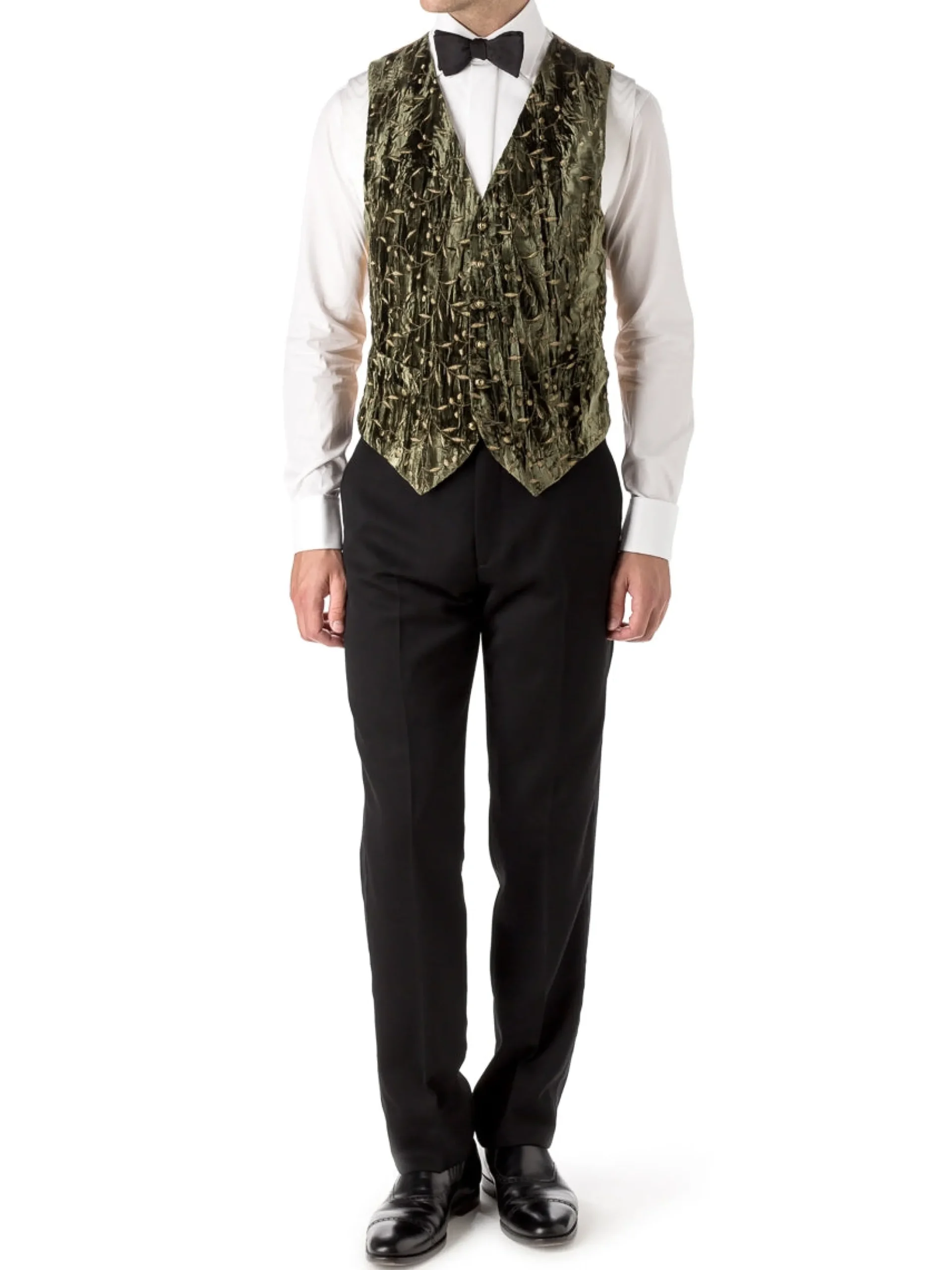 Favourbrook Olive Lurex Berries Velvet Single Breasted 6 Button Waistcoat- Waistcoats | Evening Waistcoats