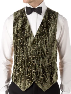 Favourbrook Olive Lurex Berries Velvet Single Breasted 6 Button Waistcoat- Waistcoats | Evening Waistcoats