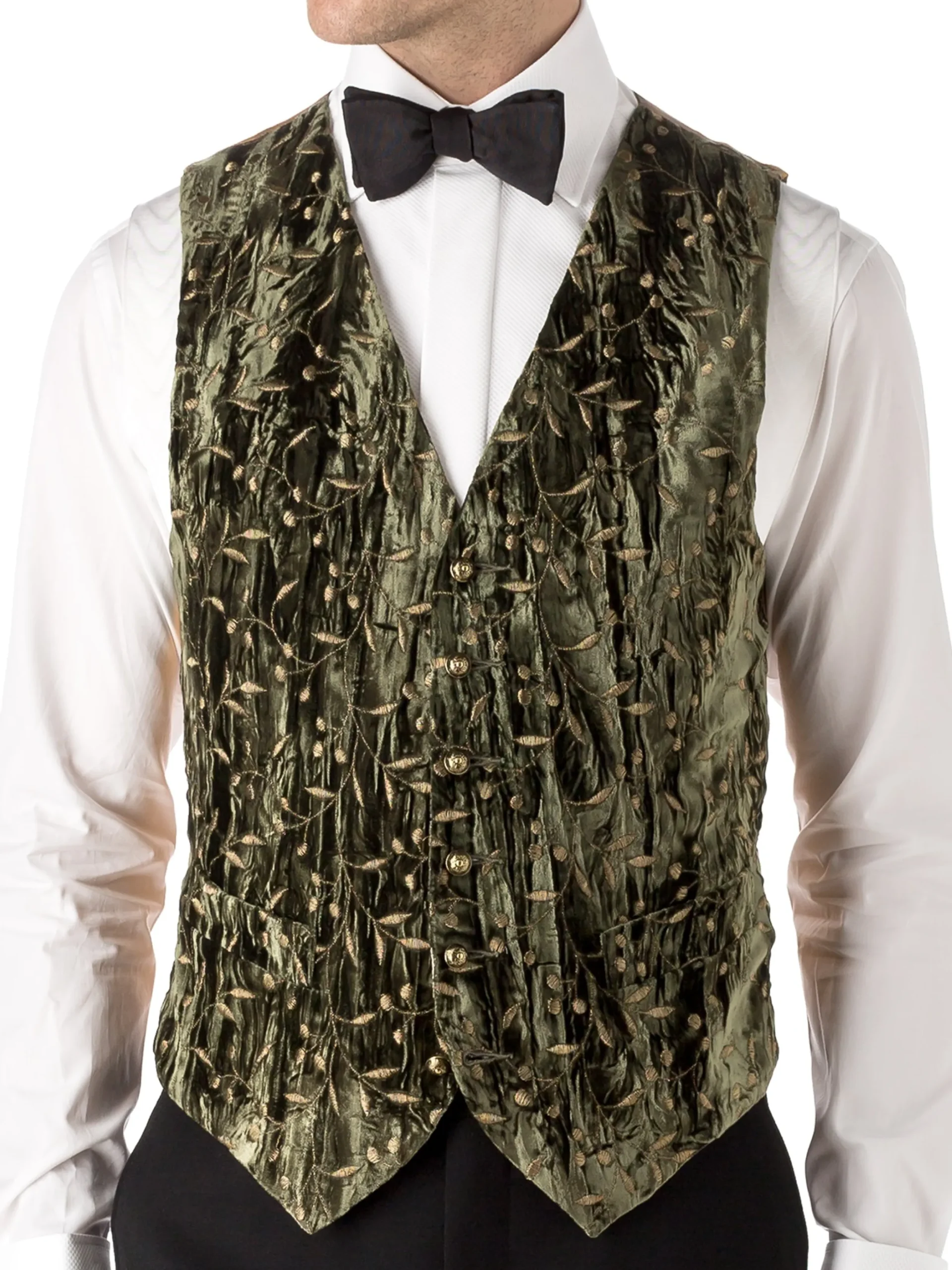 Favourbrook Olive Lurex Berries Velvet Single Breasted 6 Button Waistcoat- Waistcoats | Evening Waistcoats