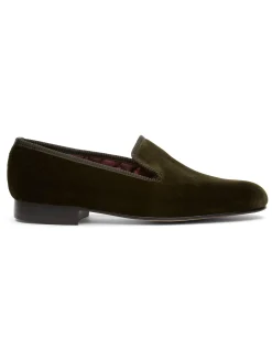 Favourbrook Olive Velvet Cotton & Leather Slippers- Slippers
