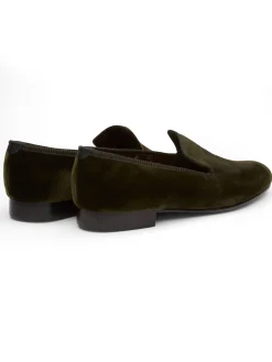 Favourbrook Olive Velvet Cotton & Leather Slippers- Slippers