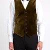 Favourbrook Olive Velvet Cotton Single Breasted 6 Button Piped Waistcoat- Waistcoats | Single Breasted Waistcoats