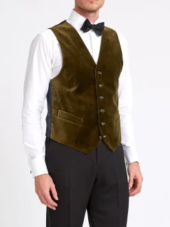 Favourbrook Olive Velvet Cotton Single Breasted 6 Button Piped Waistcoat- Waistcoats | Single Breasted Waistcoats