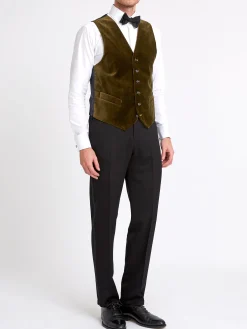 Favourbrook Olive Velvet Cotton Single Breasted 6 Button Piped Waistcoat- Waistcoats | Single Breasted Waistcoats