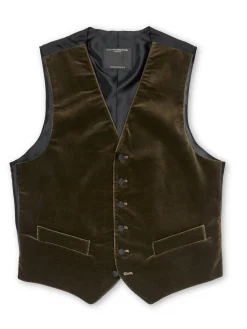 Favourbrook Olive Velvet Cotton Single Breasted 6 Button Piped Waistcoat- Waistcoats | Single Breasted Waistcoats