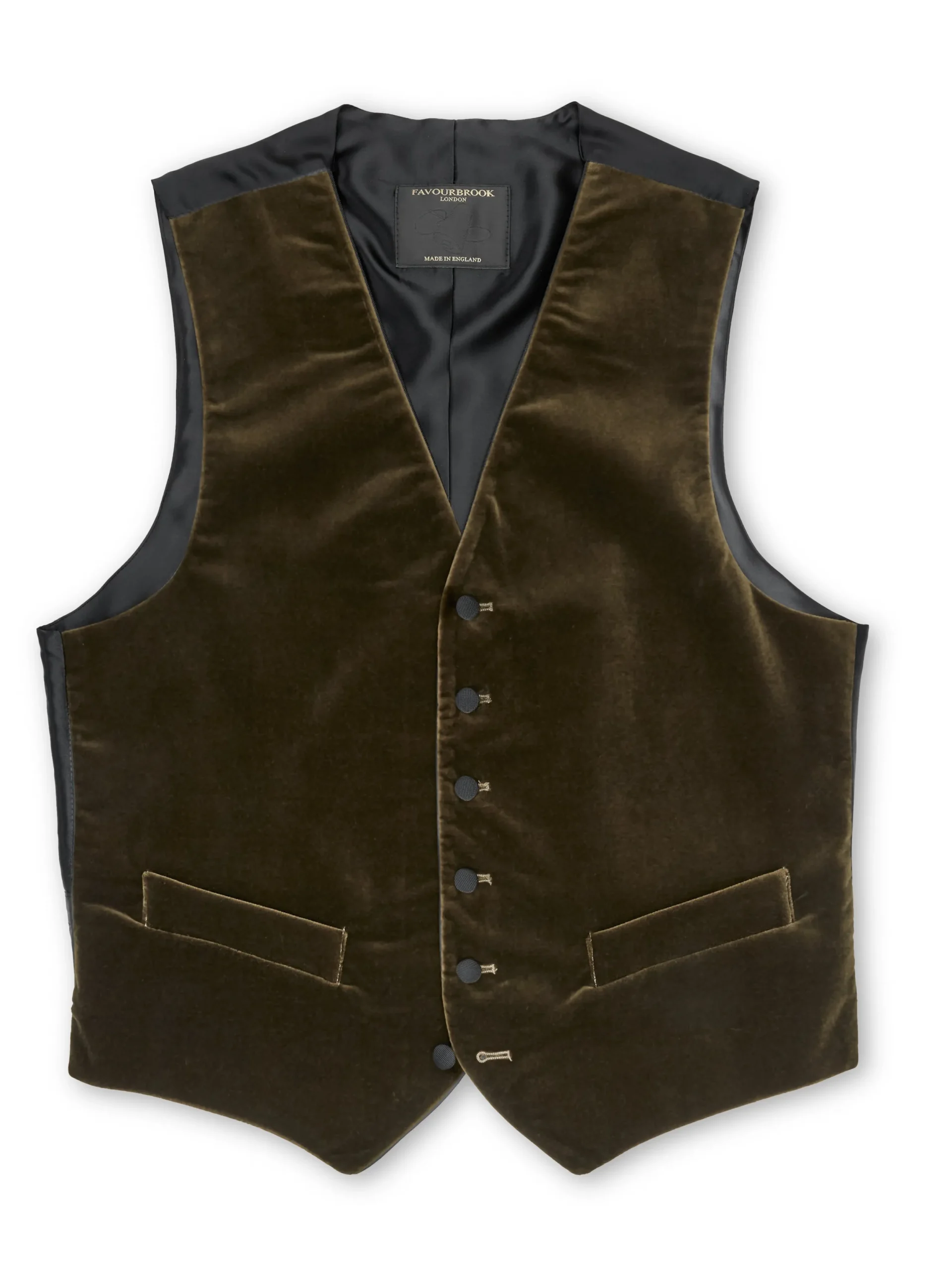 Favourbrook Olive Velvet Cotton Single Breasted 6 Button Piped Waistcoat- Waistcoats | Single Breasted Waistcoats