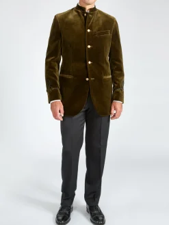 Favourbrook Olive Velvet Nehru Jacket with Frogging on Sleeve- Nehru Jackets | Velvet Jackets