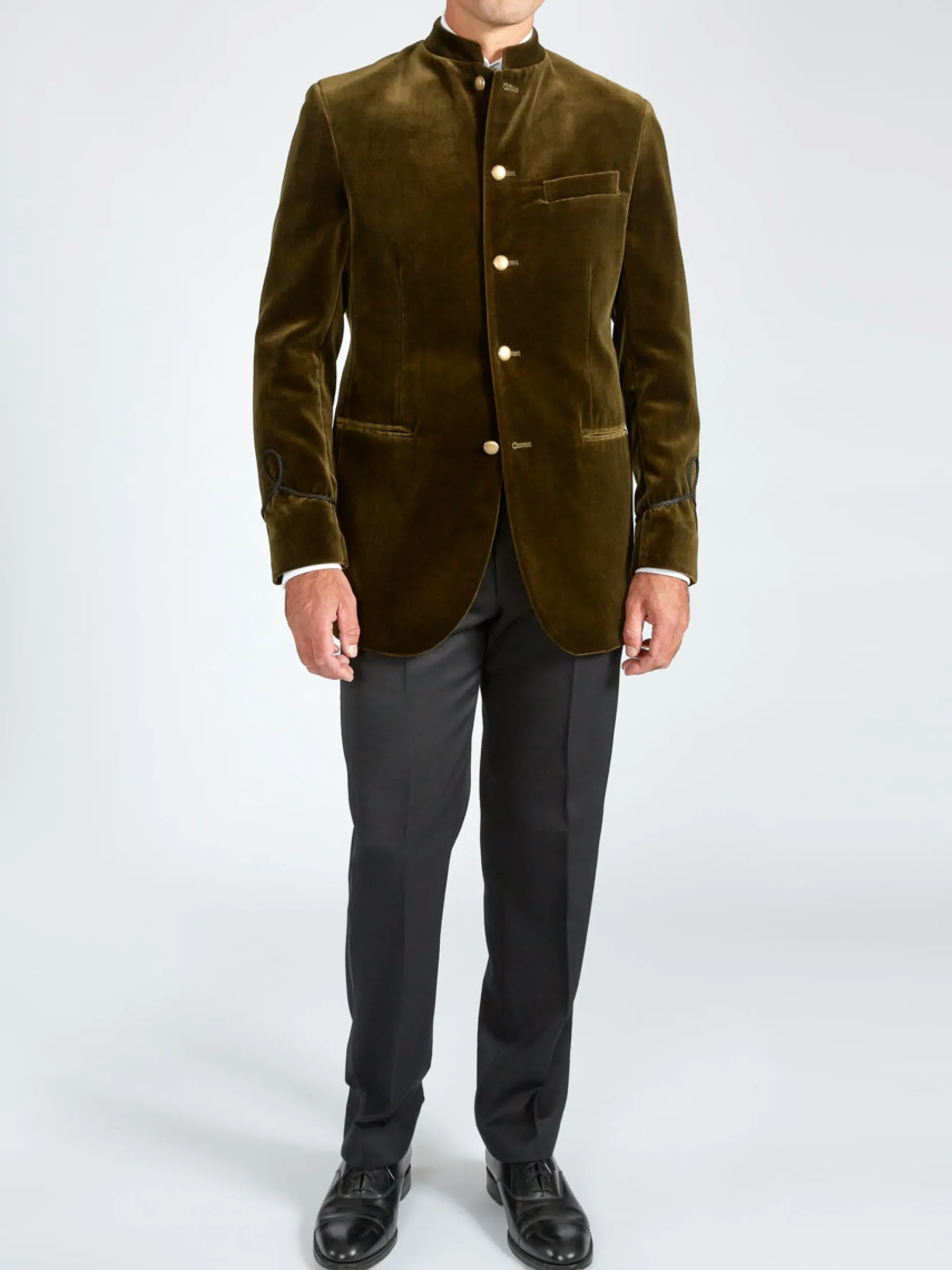 Favourbrook Olive Velvet Nehru Jacket with Frogging on Sleeve- Nehru Jackets | Velvet Jackets