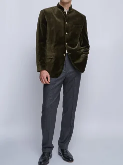 Favourbrook Olive Velvet Nehru Jacket Button Cuff- Nehru Jackets | Velvet Jackets