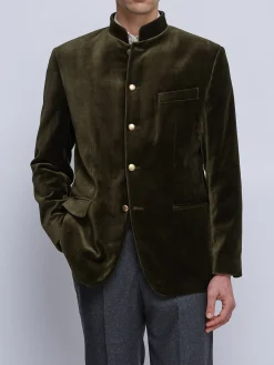 Favourbrook Olive Velvet Nehru Jacket Button Cuff- Nehru Jackets | Velvet Jackets