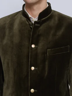 Favourbrook Olive Velvet Nehru Jacket Button Cuff- Nehru Jackets | Velvet Jackets
