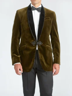 Favourbrook Olive Velvet Single Breasted Grosvenor Smoking Jacket- Velvet Jackets | Smoking Jackets