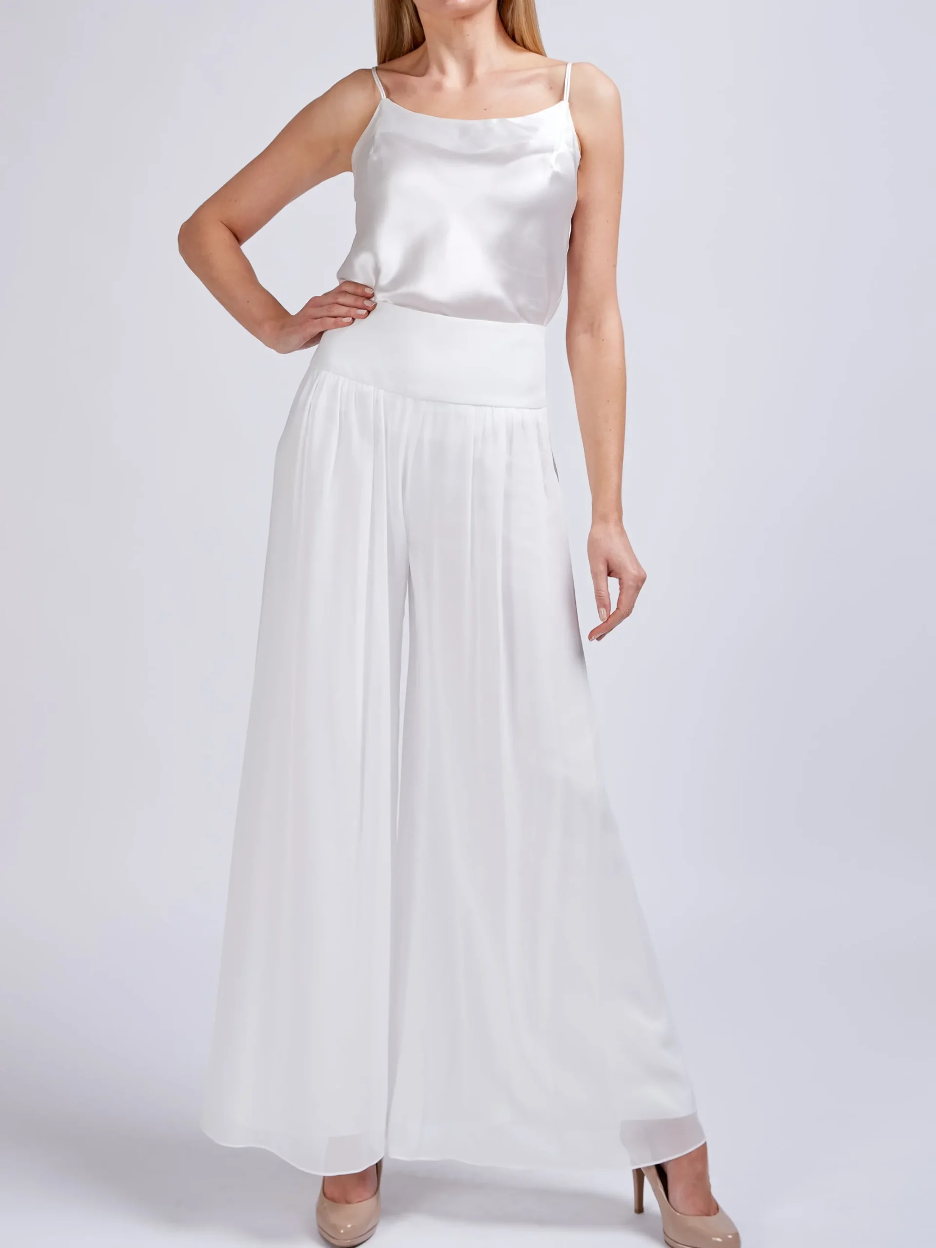 Favourbrook Palazzo Pants Ivory Plain Georgette-Women Eveningwear | Eveningwear