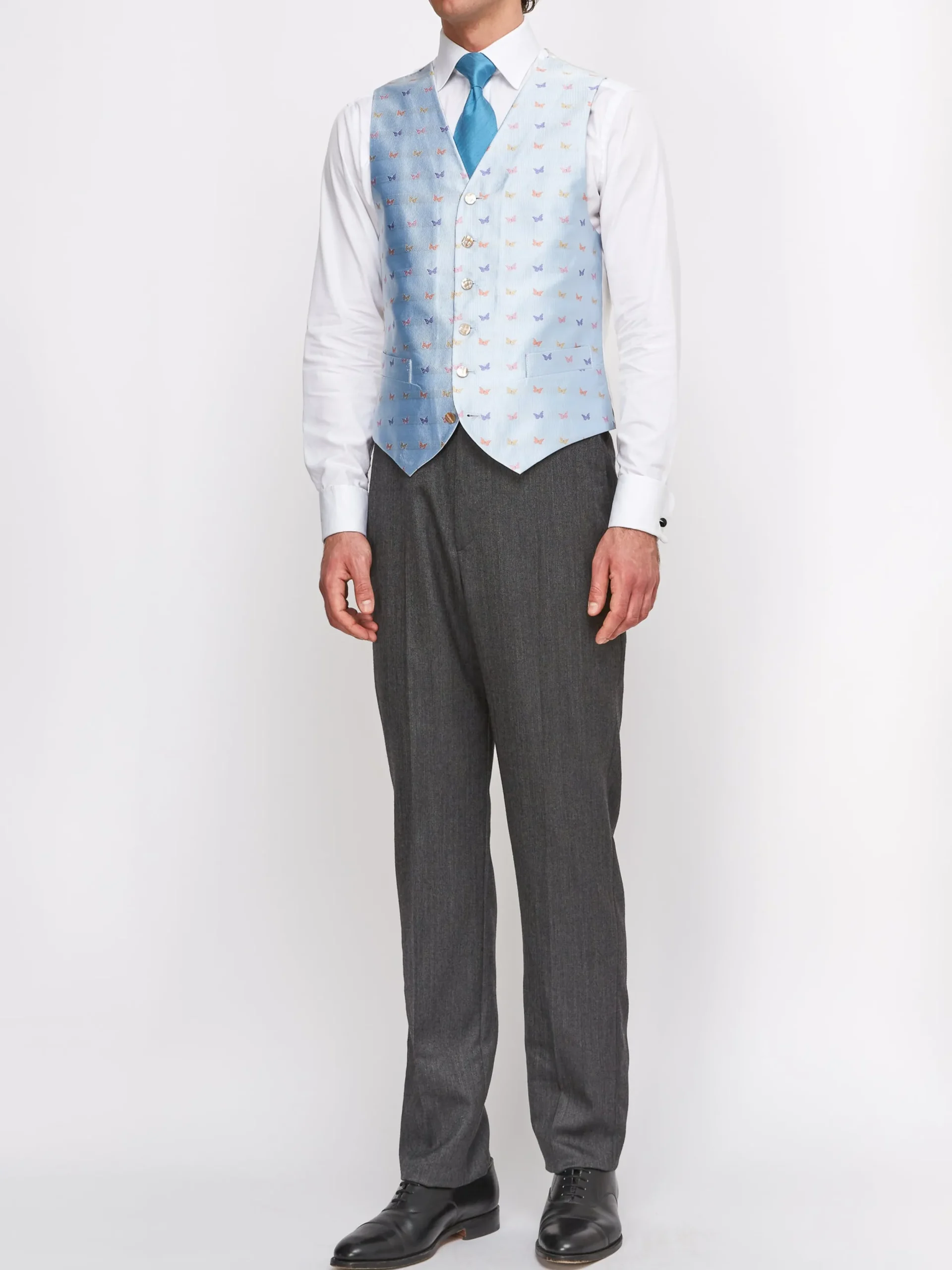Favourbrook Pale Blue Butterfly Silk Single Breasted 6 Button Waistcoat- Waistcoats | Single Breasted Waistcoats