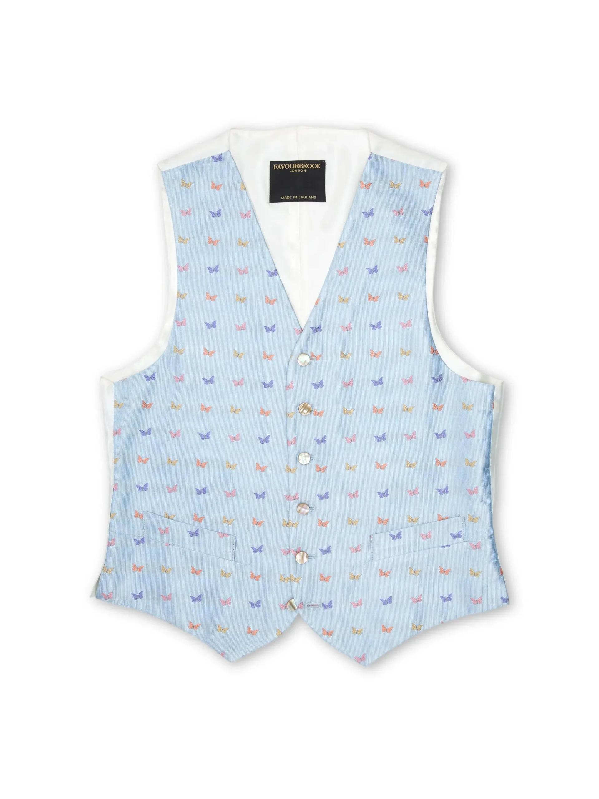Favourbrook Pale Blue Butterfly Silk Single Breasted 6 Button Waistcoat- Waistcoats | Single Breasted Waistcoats