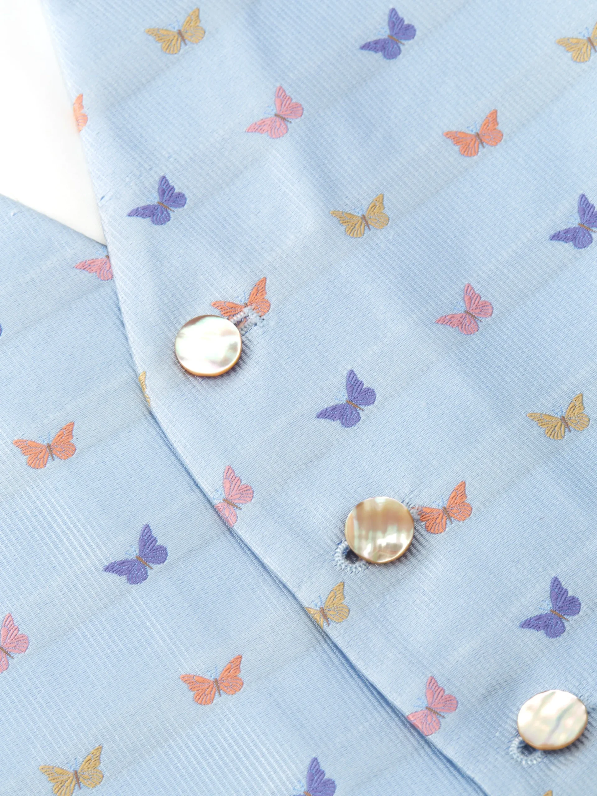 Favourbrook Pale Blue Butterfly Silk Single Breasted 6 Button Waistcoat- Waistcoats | Single Breasted Waistcoats