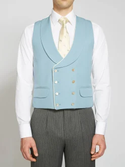 Favourbrook Pale Blue Gabardine Wool Double Breasted 8 Button Shawl Lapel Piped Waistcoat- Groomswear | Waistcoats