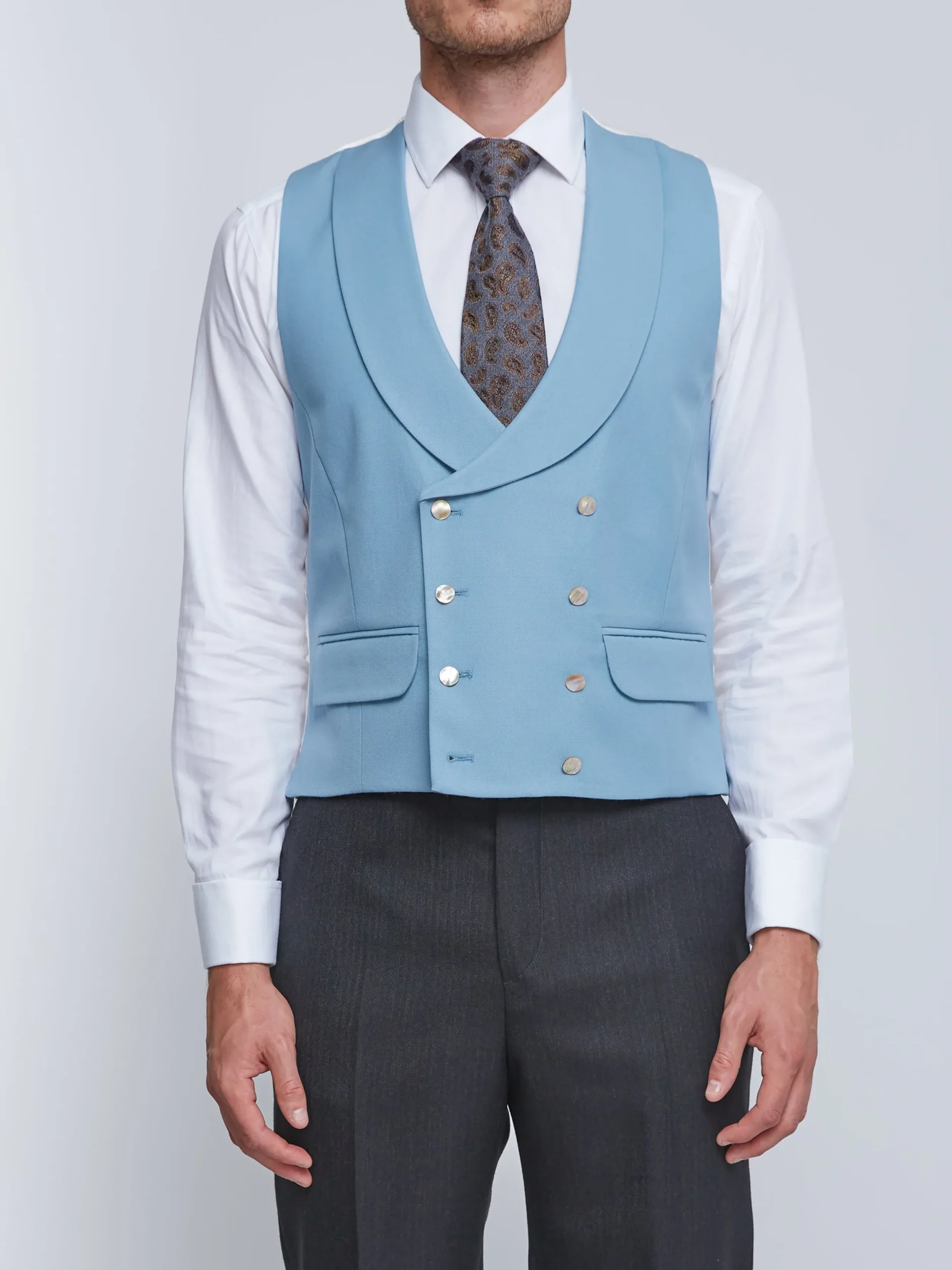 Favourbrook Pale Blue Gabardine Wool Double Breasted 8 Button Shawl Lapel Waistcoat- Wedding Attire | Double Breasted Waistcoats