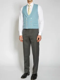 Favourbrook Pale Blue Gabardine Wool Double Breasted 8 Button Shawl Lapel Piped Waistcoat- Groomswear | Waistcoats