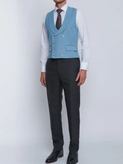 Favourbrook Pale Blue Gabardine Wool Double Breasted 8 Button Shawl Lapel Waistcoat- Wedding Attire | Double Breasted Waistcoats