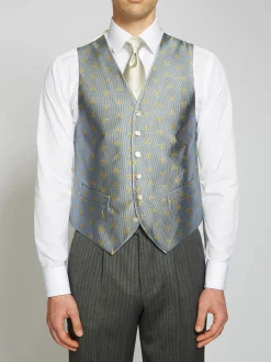 Favourbrook Powder Blue Gold Bees Silk Single Breasted 6 Button Waistcoat- Waistcoats | Royal Ascot Waistcoats