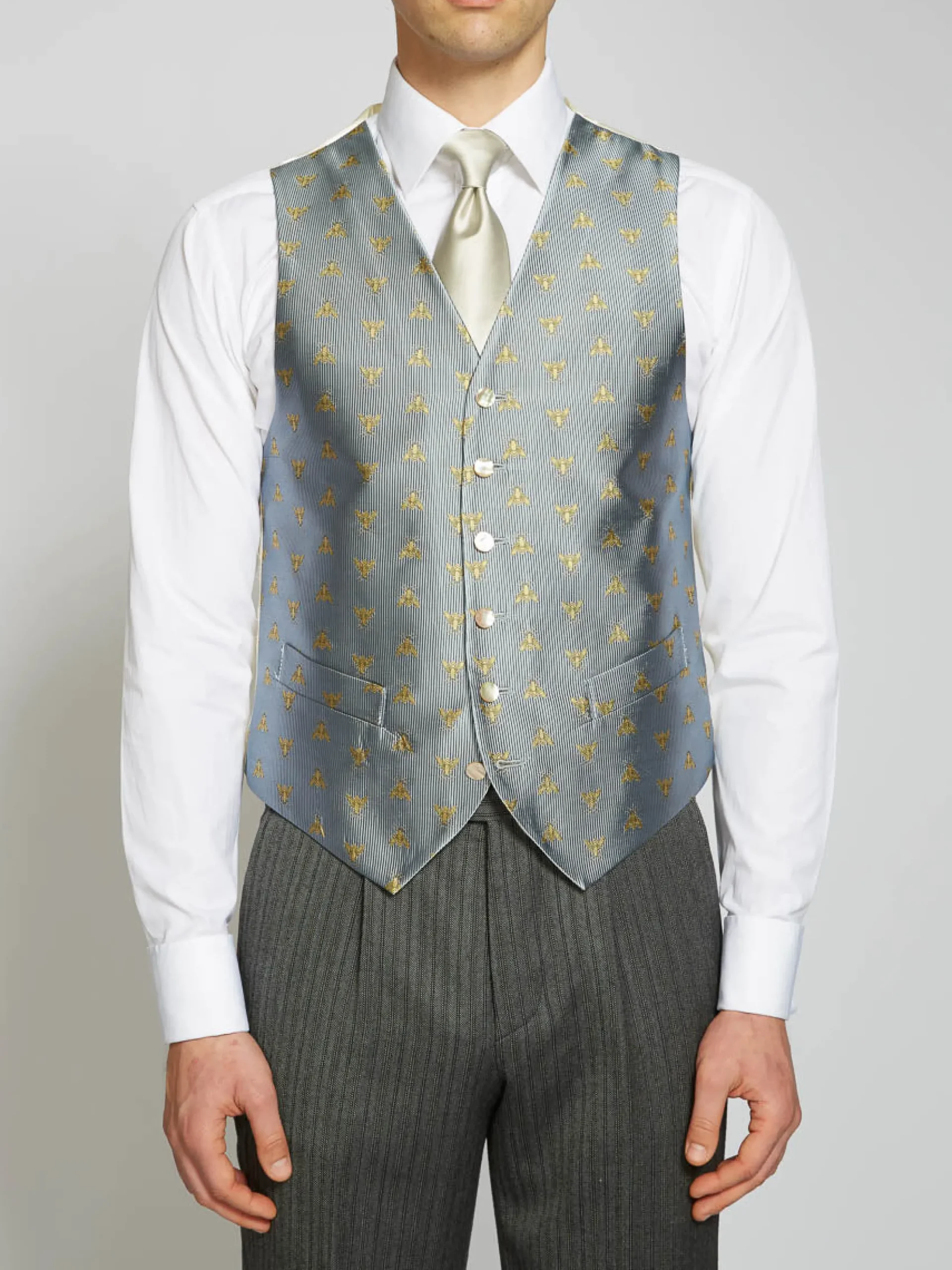 Favourbrook Powder Blue Gold Bees Silk Single Breasted 6 Button Waistcoat- Waistcoats | Royal Ascot Waistcoats
