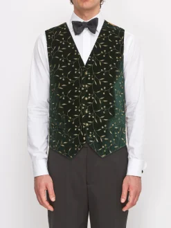 Favourbrook Racing Green Lurex Berries Velvet Cotton Single Breasted 6 Button Waistcoat- Waistcoats | Single Breasted Waistcoats