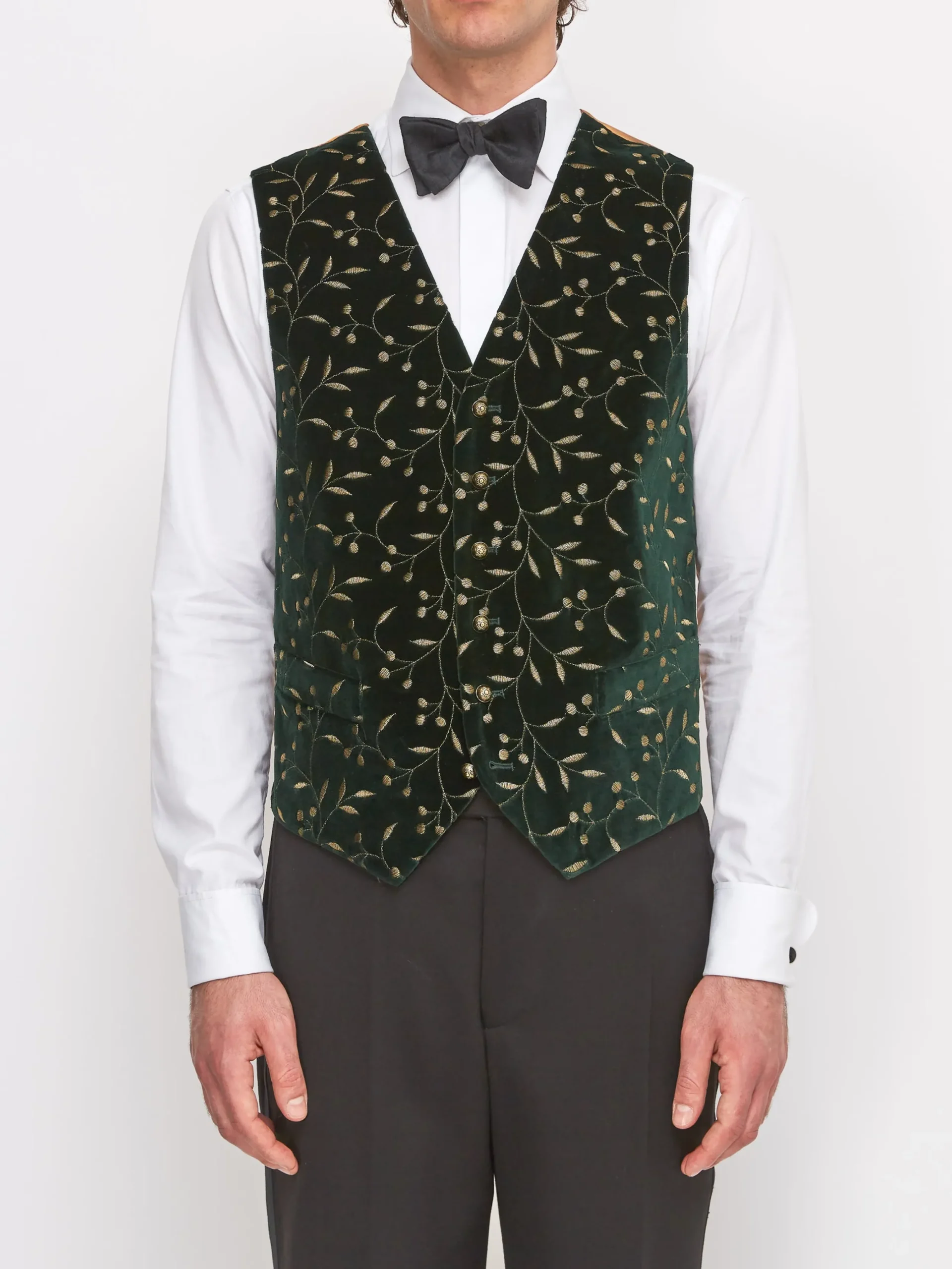 Favourbrook Racing Green Lurex Berries Velvet Cotton Single Breasted 6 Button Waistcoat- Waistcoats | Single Breasted Waistcoats