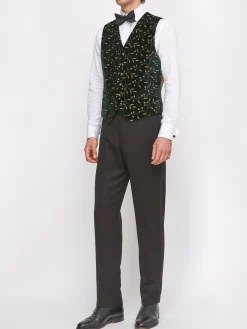 Favourbrook Racing Green Lurex Berries Velvet Cotton Single Breasted 6 Button Waistcoat- Waistcoats | Single Breasted Waistcoats