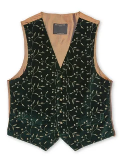 Favourbrook Racing Green Lurex Berries Velvet Cotton Single Breasted 6 Button Waistcoat- Waistcoats | Single Breasted Waistcoats