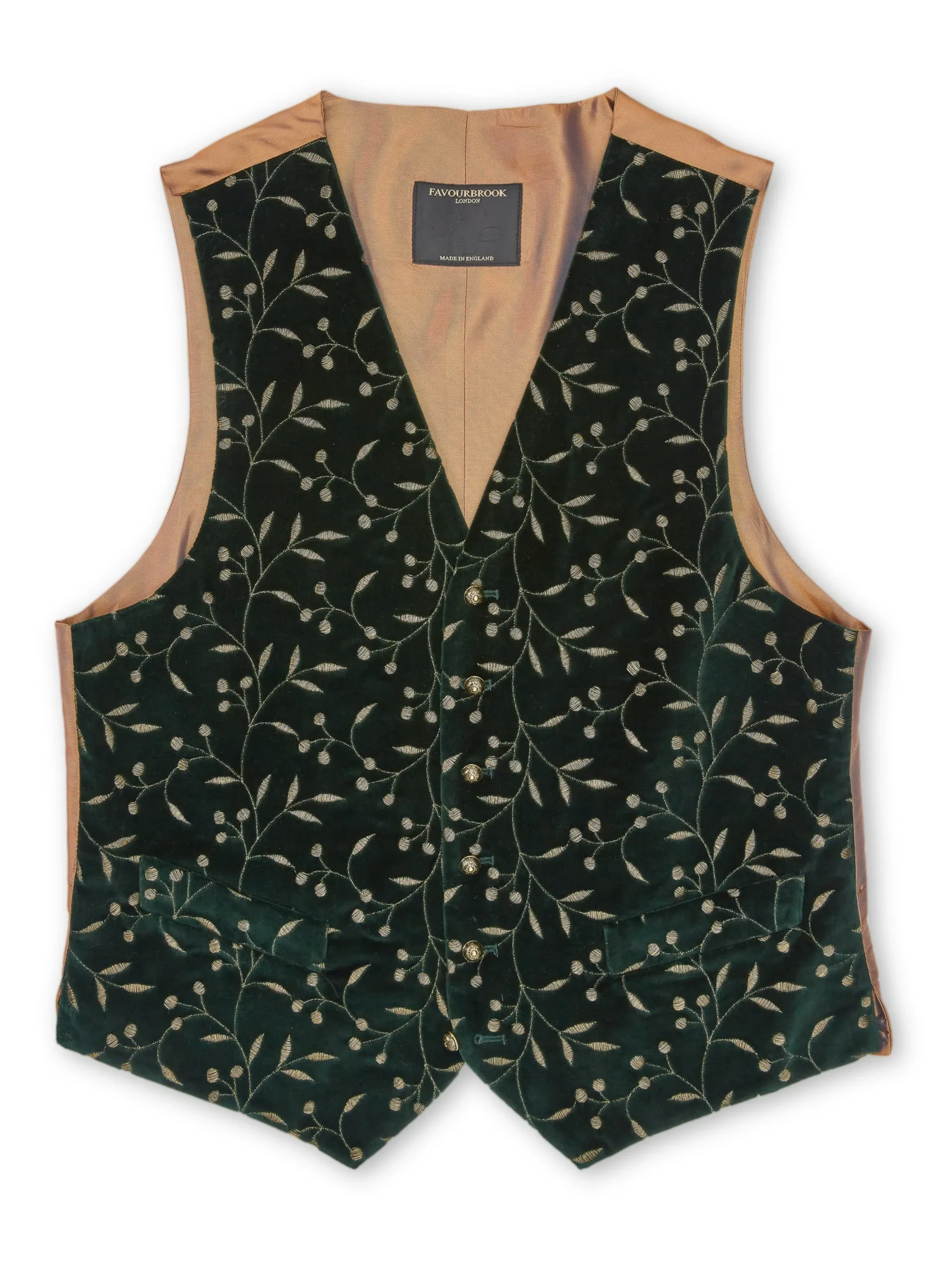 Favourbrook Racing Green Lurex Berries Velvet Cotton Single Breasted 6 Button Waistcoat- Waistcoats | Single Breasted Waistcoats