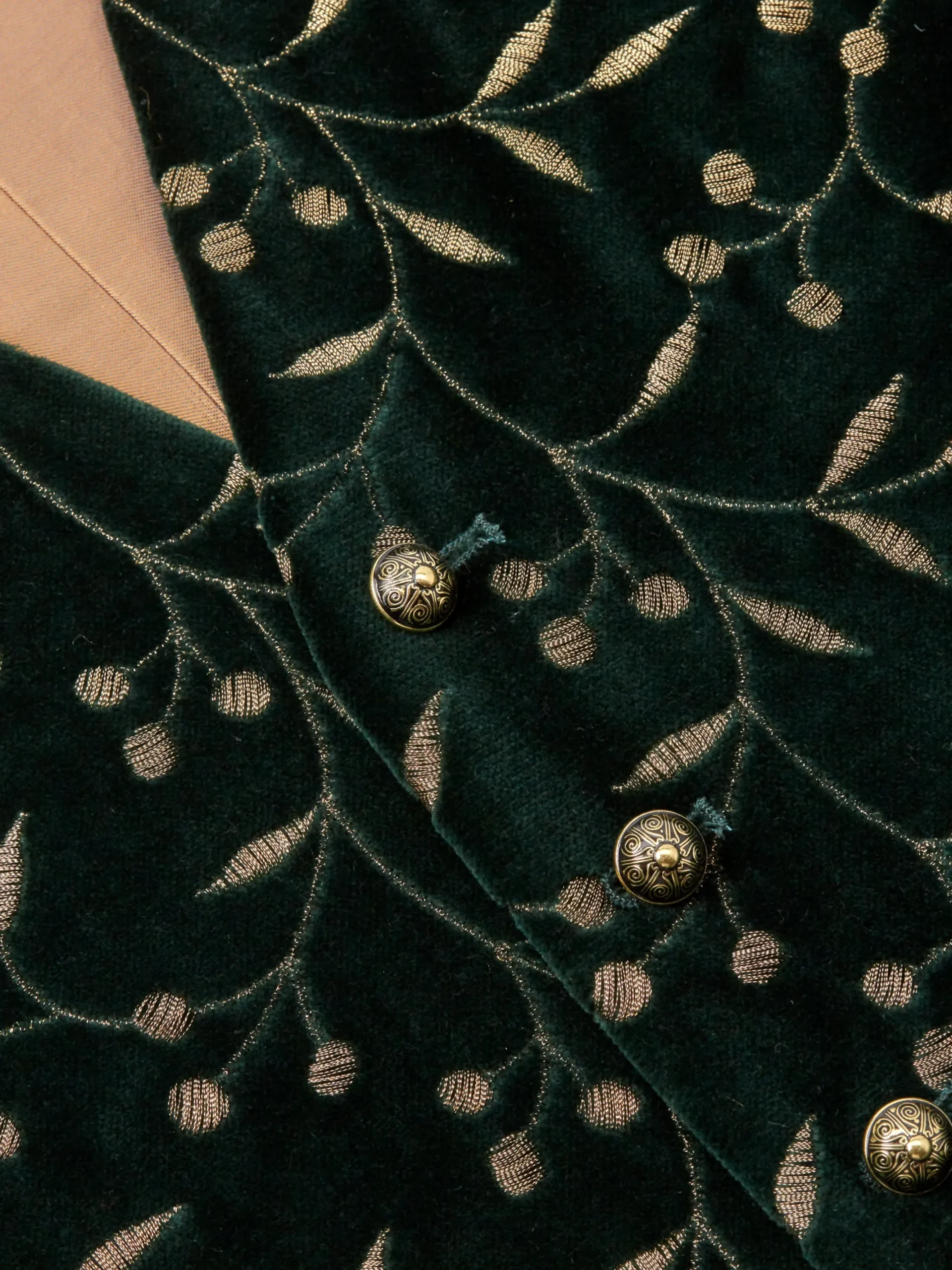 Favourbrook Racing Green Lurex Berries Velvet Cotton Single Breasted 6 Button Waistcoat- Waistcoats | Single Breasted Waistcoats